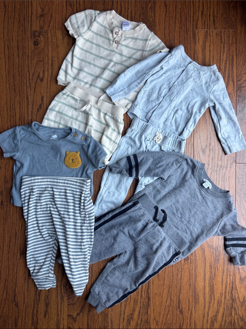 4 pieces 3-6 months Neutral & Blue Baby Outfit Bundle - Striped and Knit Sets